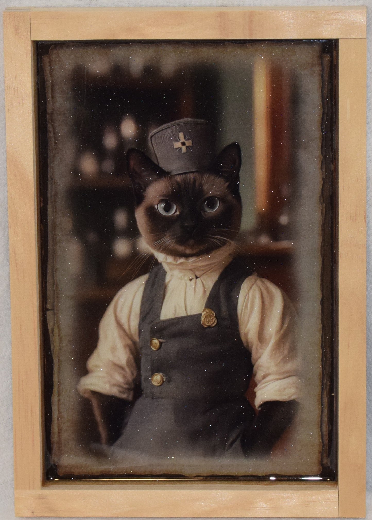 Vintage Cat in Uniform - with Artistic Resin finish - Framed Wall Art