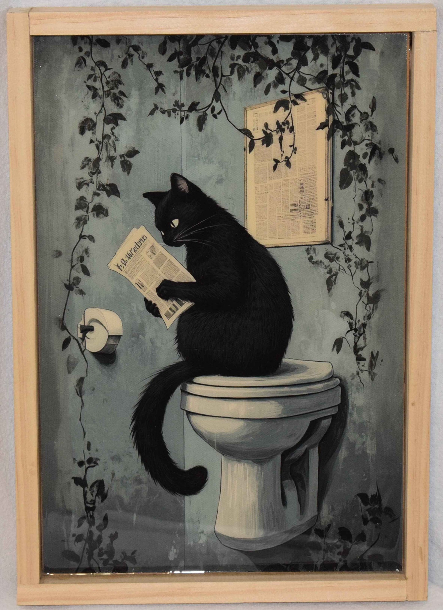 Cat Reading Newspaper Bathroom/Toilet canvas print - Artistic Acrylic Resin finish - Framed Wall Art