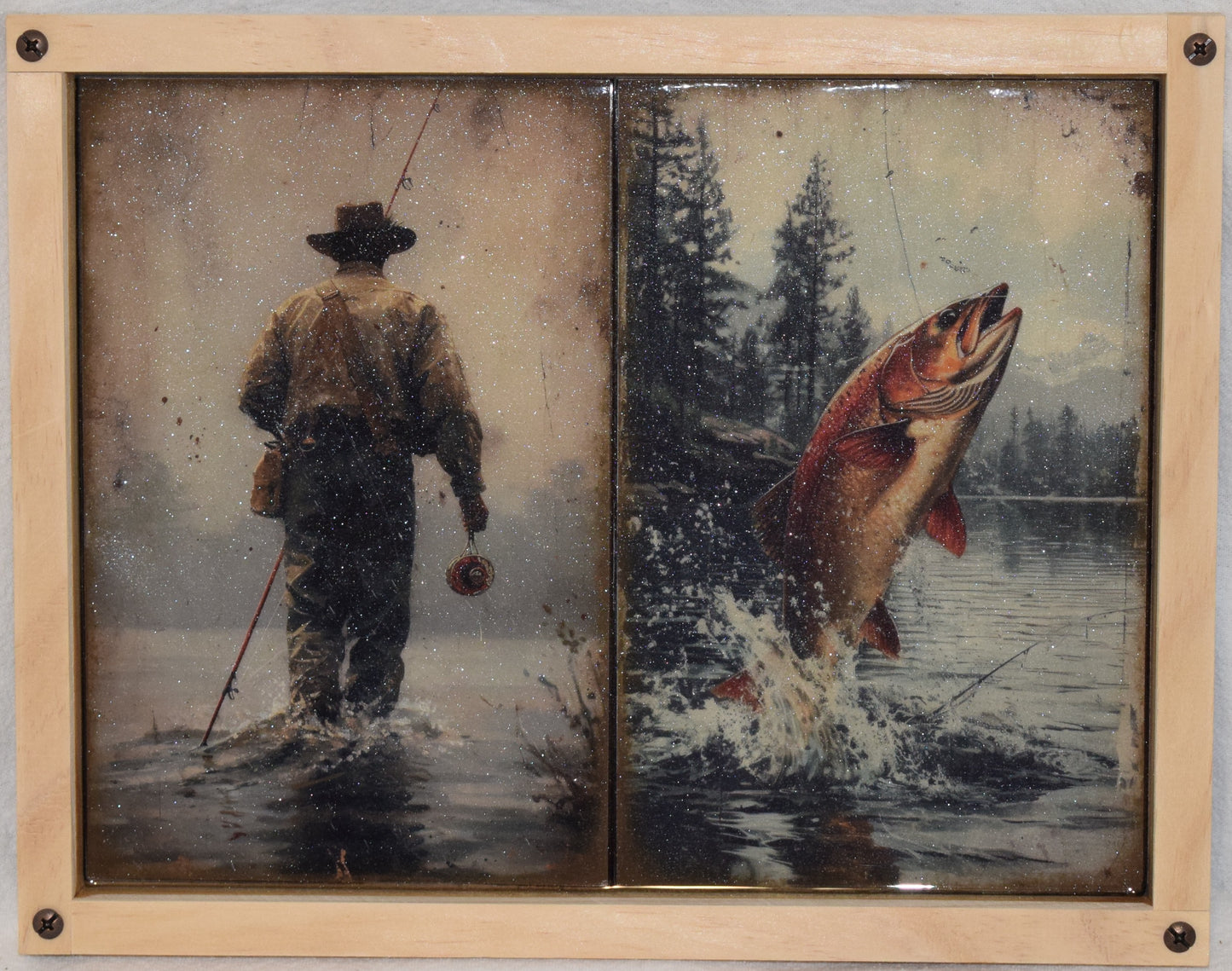 Wild Man Gone Fishing & Fish- with Artistic Resin finish - Framed Wall Art