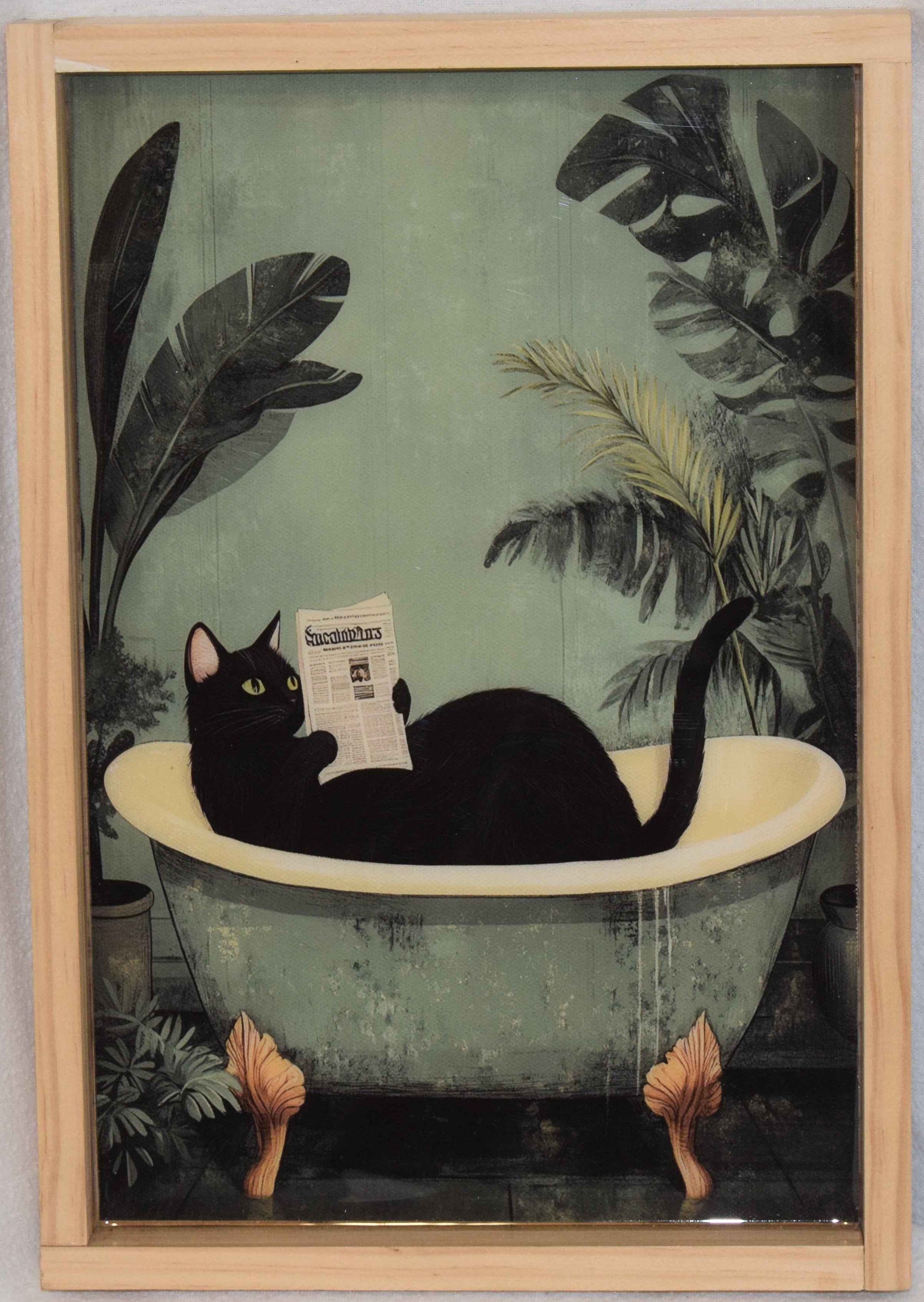Cat Reading Newspaper Bathroom/Bath canvas print - Artistic Acrylic Resin finish - Framed Wall Art