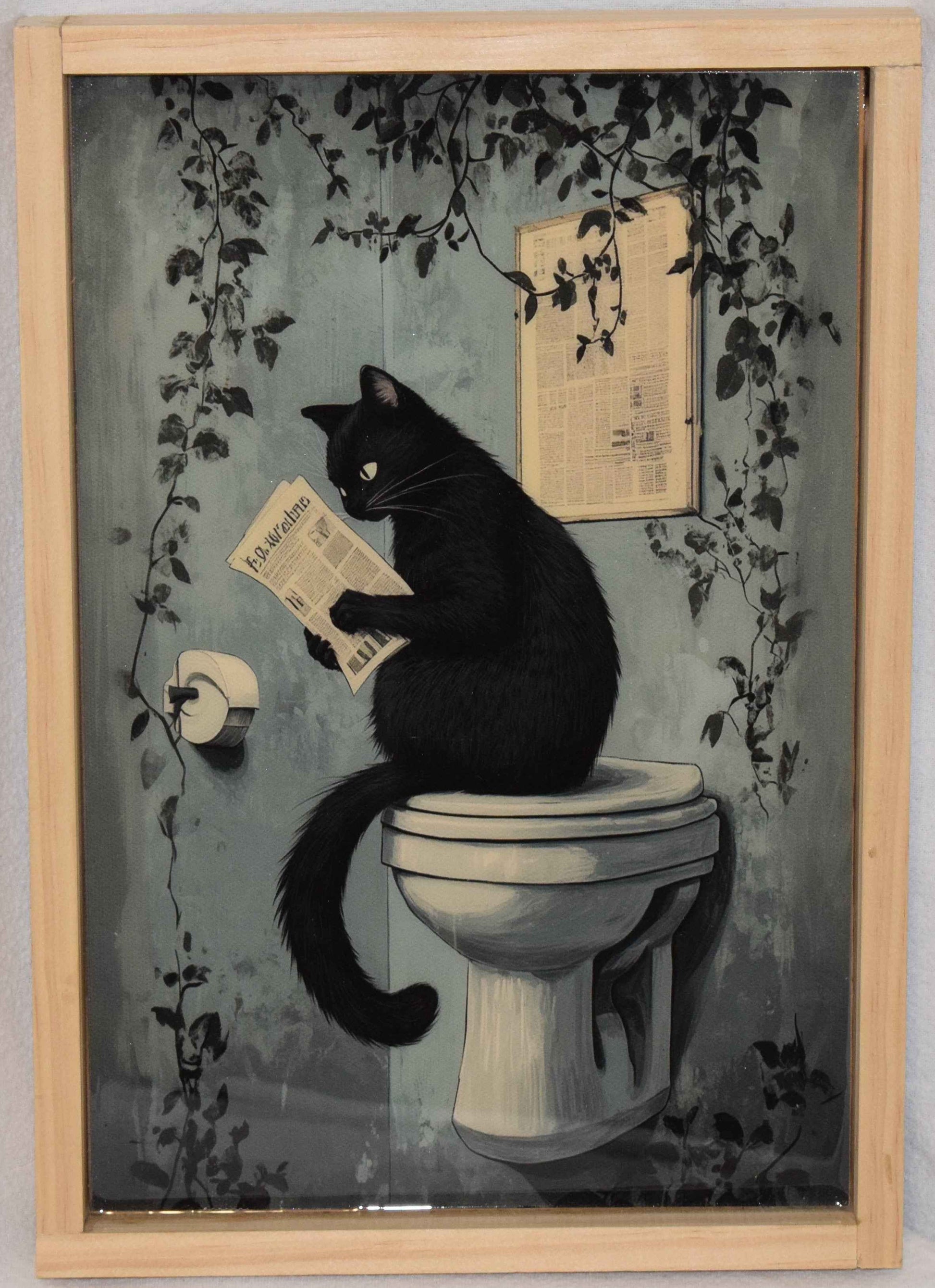 Cat Reading Newspaper Bathroom/Toilet canvas print - Artistic Acrylic Resin finish - Framed Wall Art