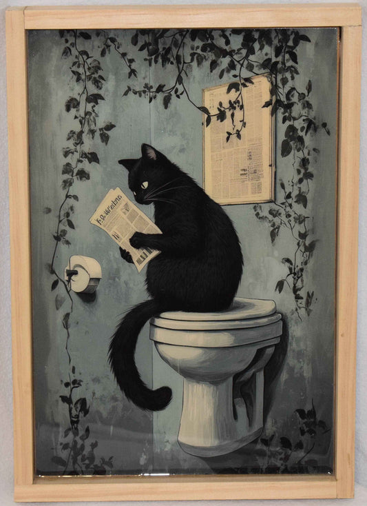 Cat Reading Newspaper Bathroom/Toilet canvas print - Artistic Acrylic Resin finish - Framed Wall Art