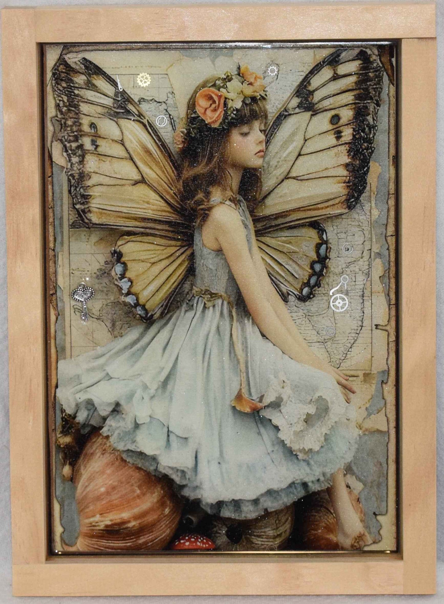 Shell and Key Fairy - with Artistic Resin finish Framed Wall Art
