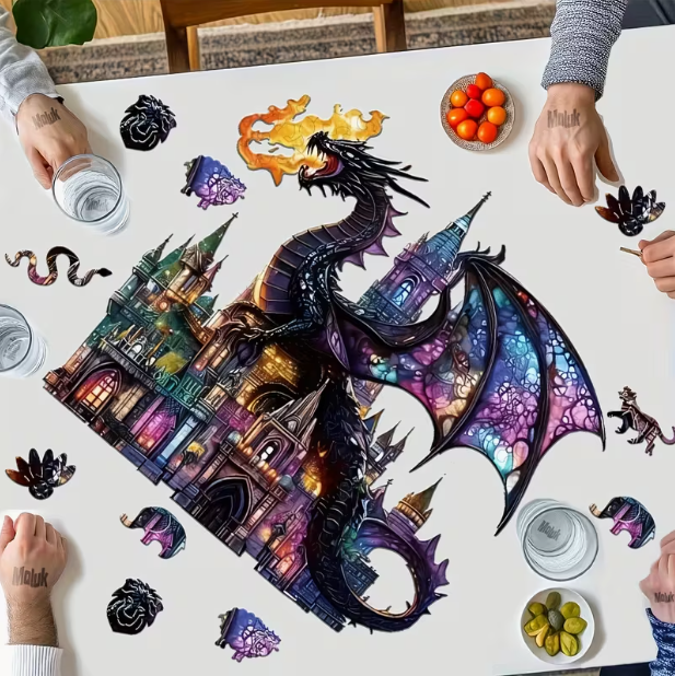 Magical Black Dragon Castle Wooden Puzzle - Wall Art