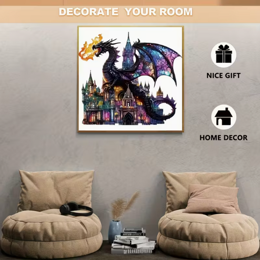 Magical Black Dragon Castle Wooden Puzzle - Wall Art